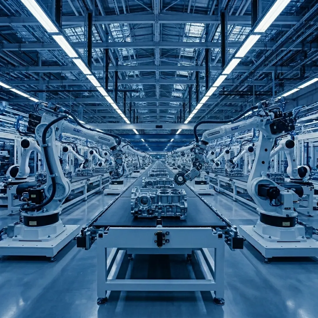 Linea di produzione automatizzata con bracci robotici — Industria 4.0