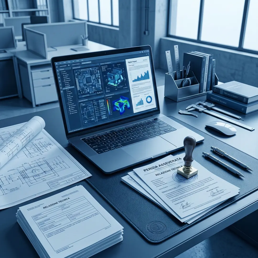 Scrivania ingegneristica con perizia asseverata, documenti tecnici e software di analisi